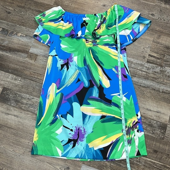 London Times On Off Shoulder Ruffle Multi Floral Tropical Mini Dress Sz 6 Resort - Picture 10 of 15